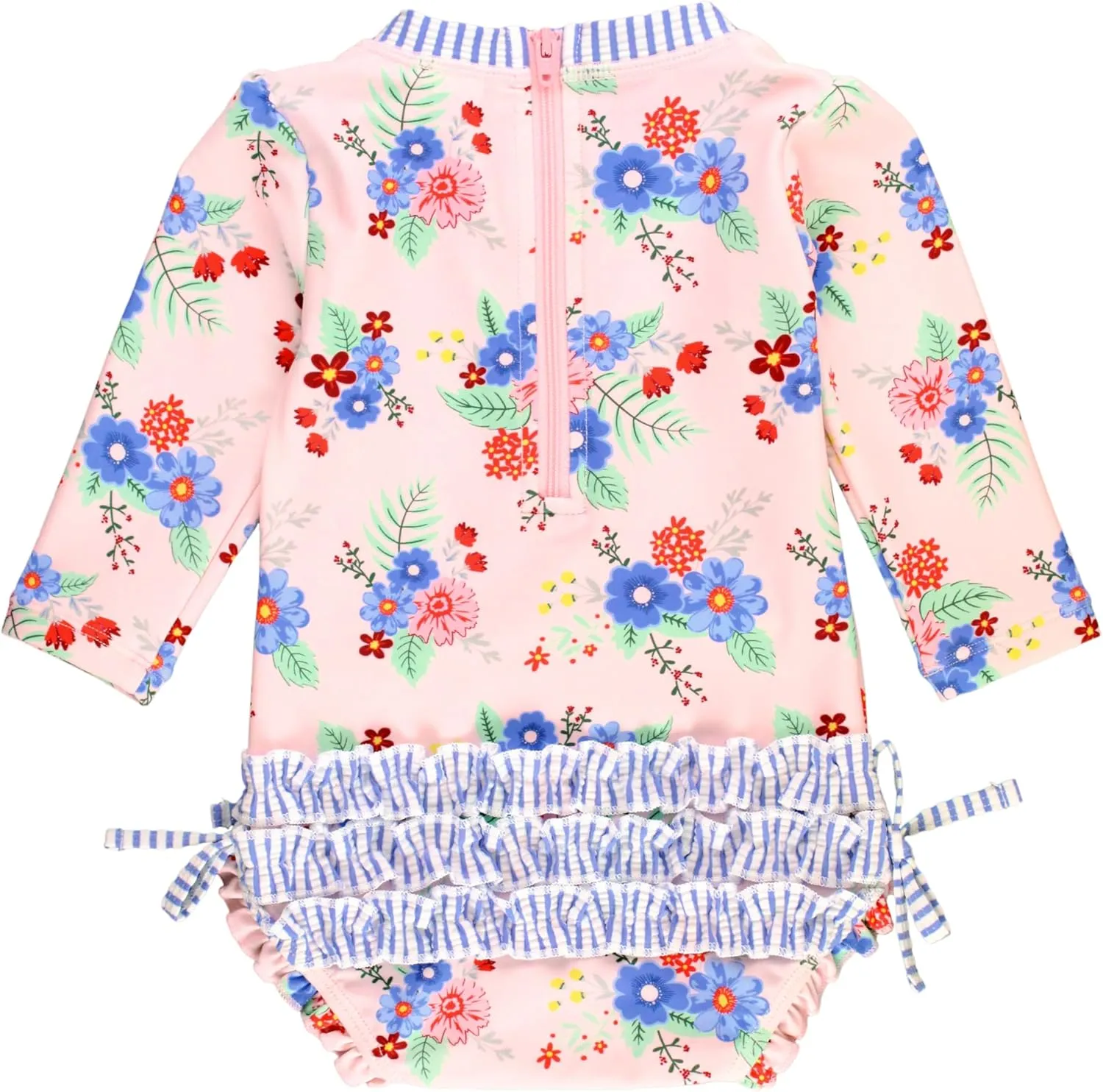 RuffleButts Baby Girls UPF 50  Sun Protection Floral Printed Long Sleeve One Piece Rash Guard Swimsuit with Zipper