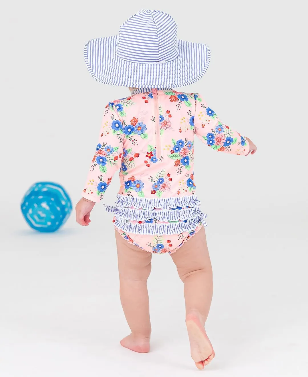RuffleButts Baby Girls UPF 50  Sun Protection Floral Printed Long Sleeve One Piece Rash Guard Swimsuit with Zipper