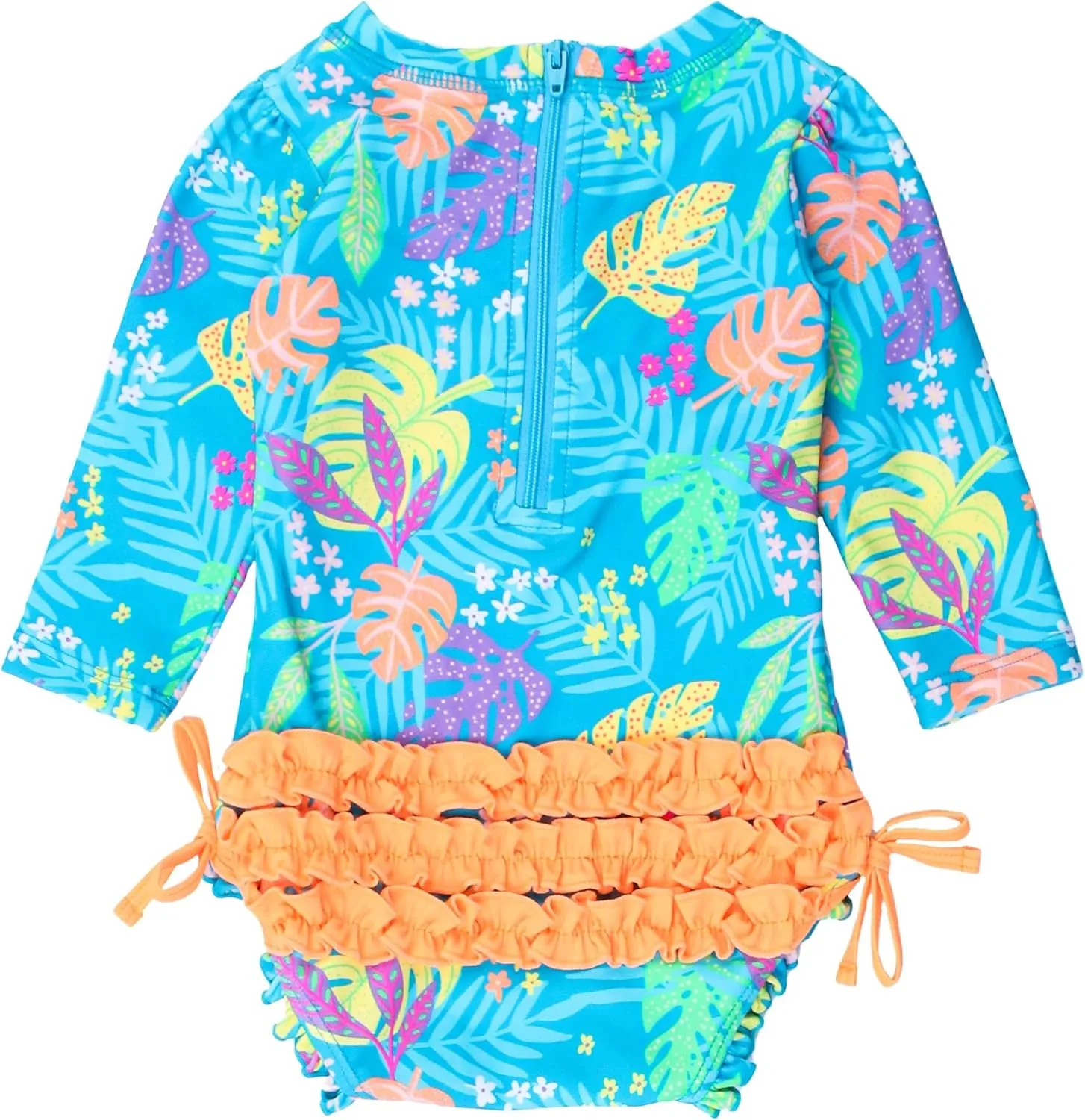 RuffleButts Baby Girls UPF 50  Sun Protection Floral Printed Long Sleeve One Piece Rash Guard Swimsuit with Zipper