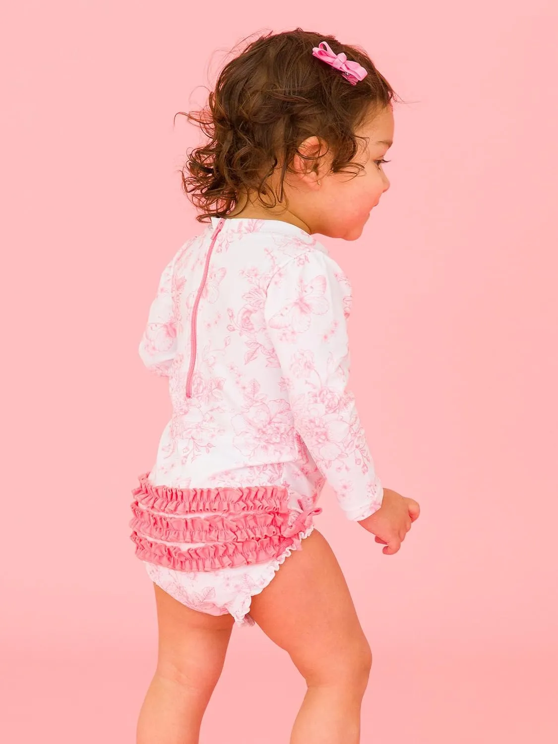 RuffleButts Baby Girls UPF 50  Sun Protection Floral Printed Long Sleeve One Piece Rash Guard Swimsuit with Zipper