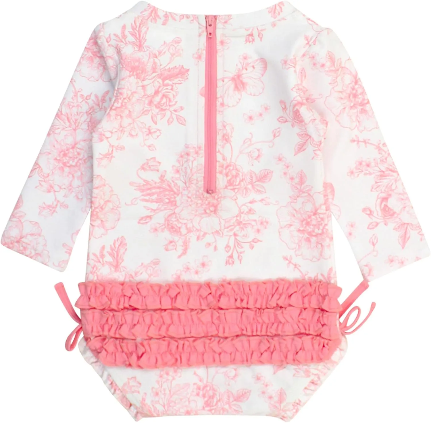 RuffleButts Baby Girls UPF 50  Sun Protection Floral Printed Long Sleeve One Piece Rash Guard Swimsuit with Zipper