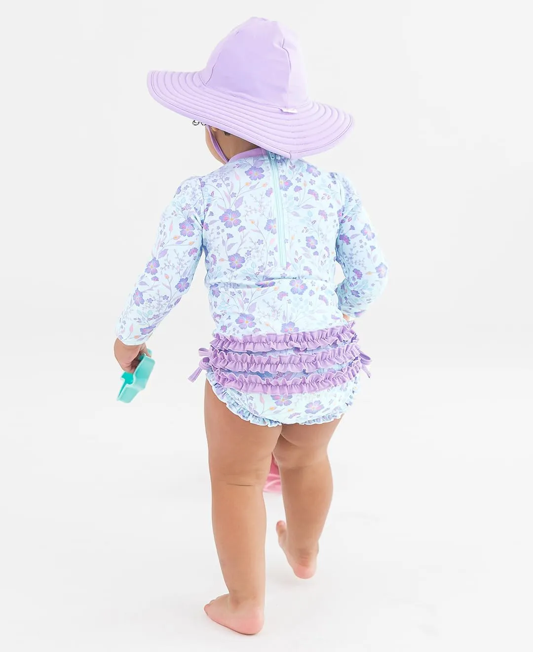 RuffleButts Baby Girls UPF 50  Sun Protection Floral Printed Long Sleeve One Piece Rash Guard Swimsuit with Zipper
