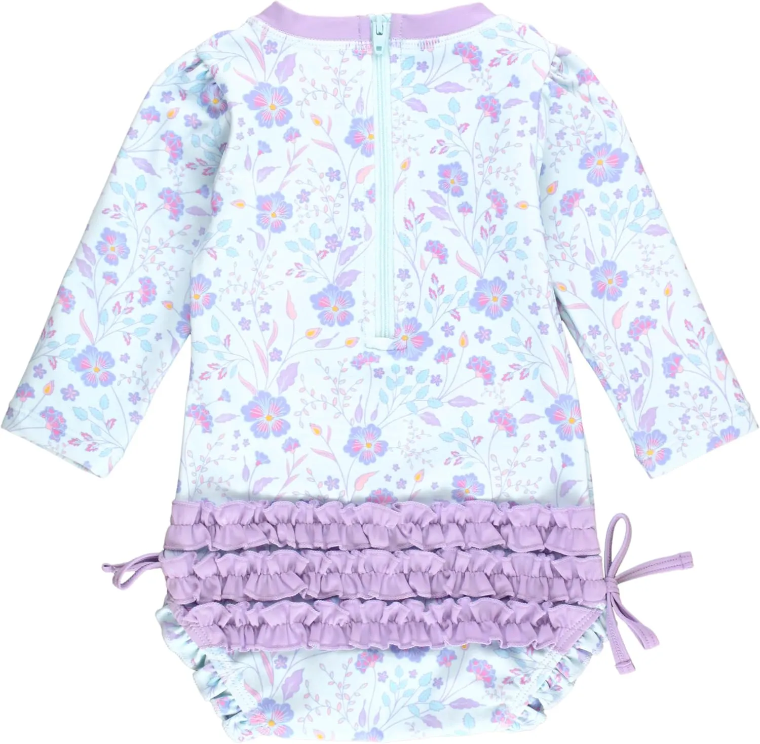 RuffleButts Baby Girls UPF 50  Sun Protection Floral Printed Long Sleeve One Piece Rash Guard Swimsuit with Zipper