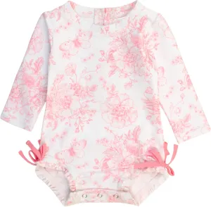 RuffleButts Baby Girls UPF 50  Sun Protection Floral Printed Long Sleeve One Piece Rash Guard Swimsuit with Zipper