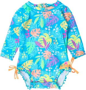 RuffleButts Baby Girls UPF 50  Sun Protection Floral Printed Long Sleeve One Piece Rash Guard Swimsuit with Zipper