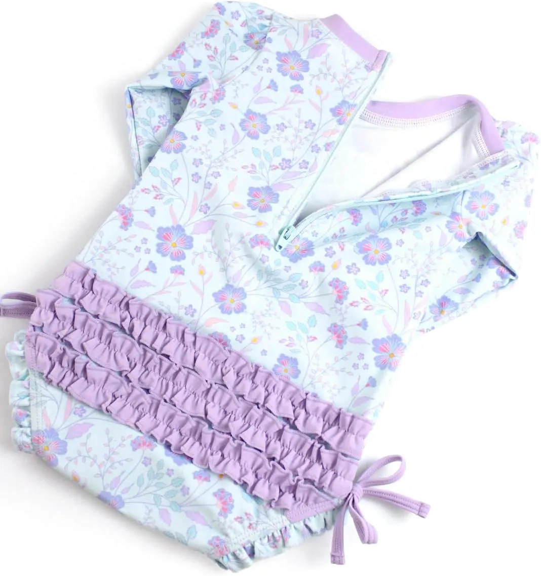 RuffleButts Baby Girls UPF 50  Sun Protection Floral Printed Long Sleeve One Piece Rash Guard Swimsuit with Zipper