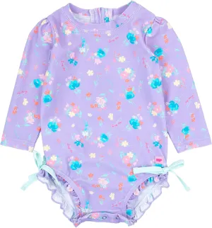 RuffleButts Baby Girls UPF 50  Sun Protection Floral Printed Long Sleeve One Piece Rash Guard Swimsuit with Zipper