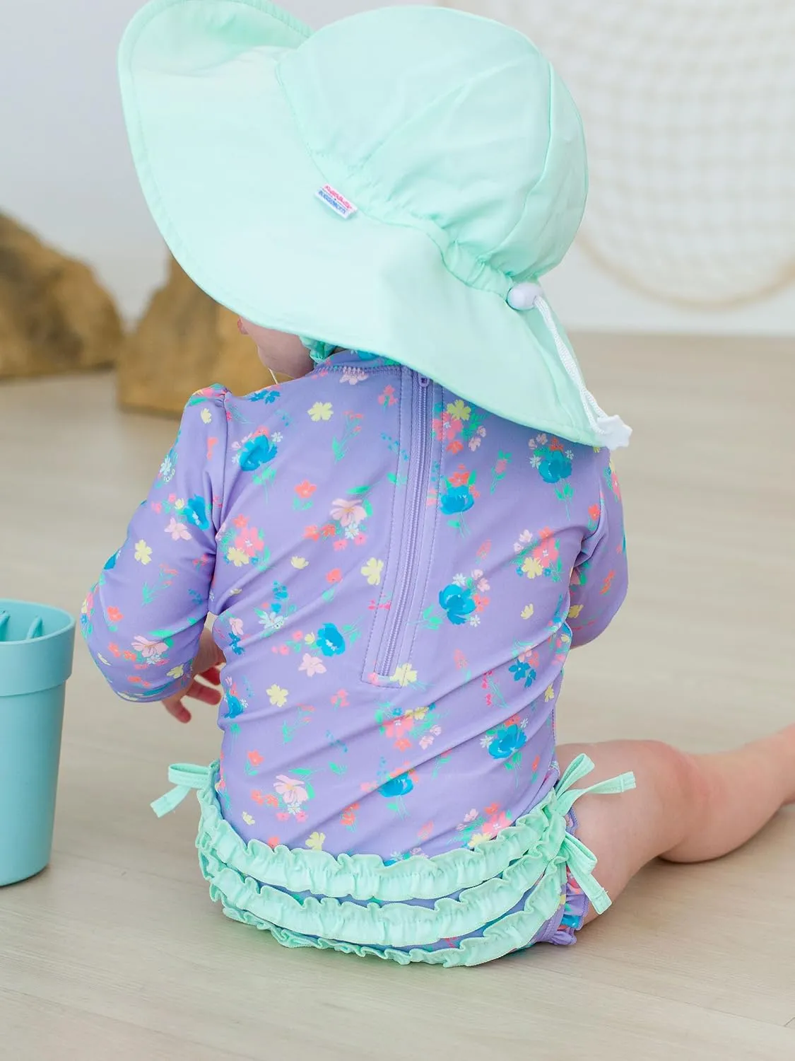 RuffleButts Baby Girls UPF 50  Sun Protection Floral Printed Long Sleeve One Piece Rash Guard Swimsuit with Zipper