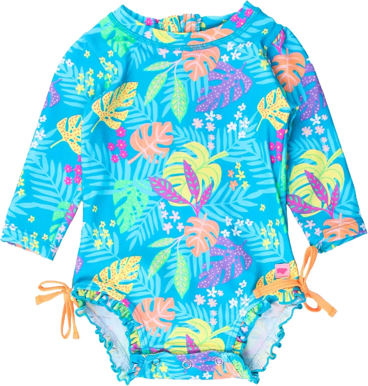 RuffleButts Baby Girls UPF 50  Sun Protection Floral Printed Long Sleeve One Piece Rash Guard Swimsuit with Zipper