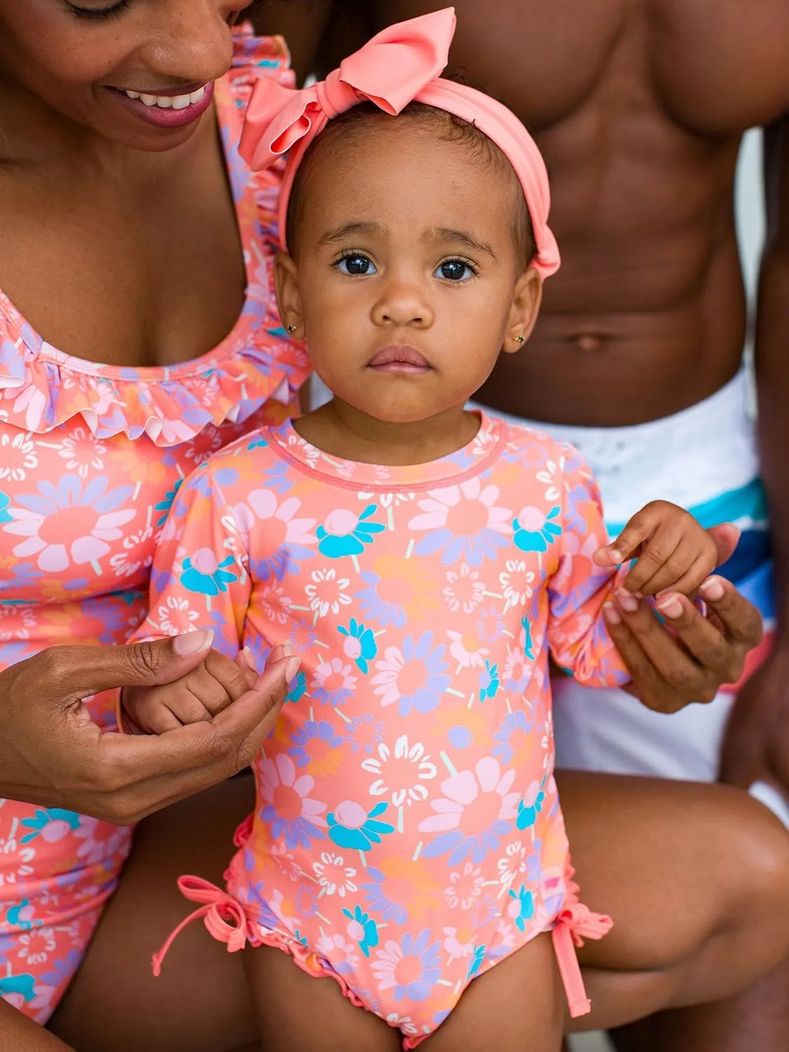 RuffleButts Baby Girls UPF 50  Sun Protection Floral Printed Long Sleeve One Piece Rash Guard Swimsuit with Zipper