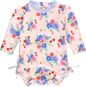 RuffleButts Baby Girls UPF 50  Sun Protection Floral Printed Long Sleeve One Piece Rash Guard Swimsuit with Zipper