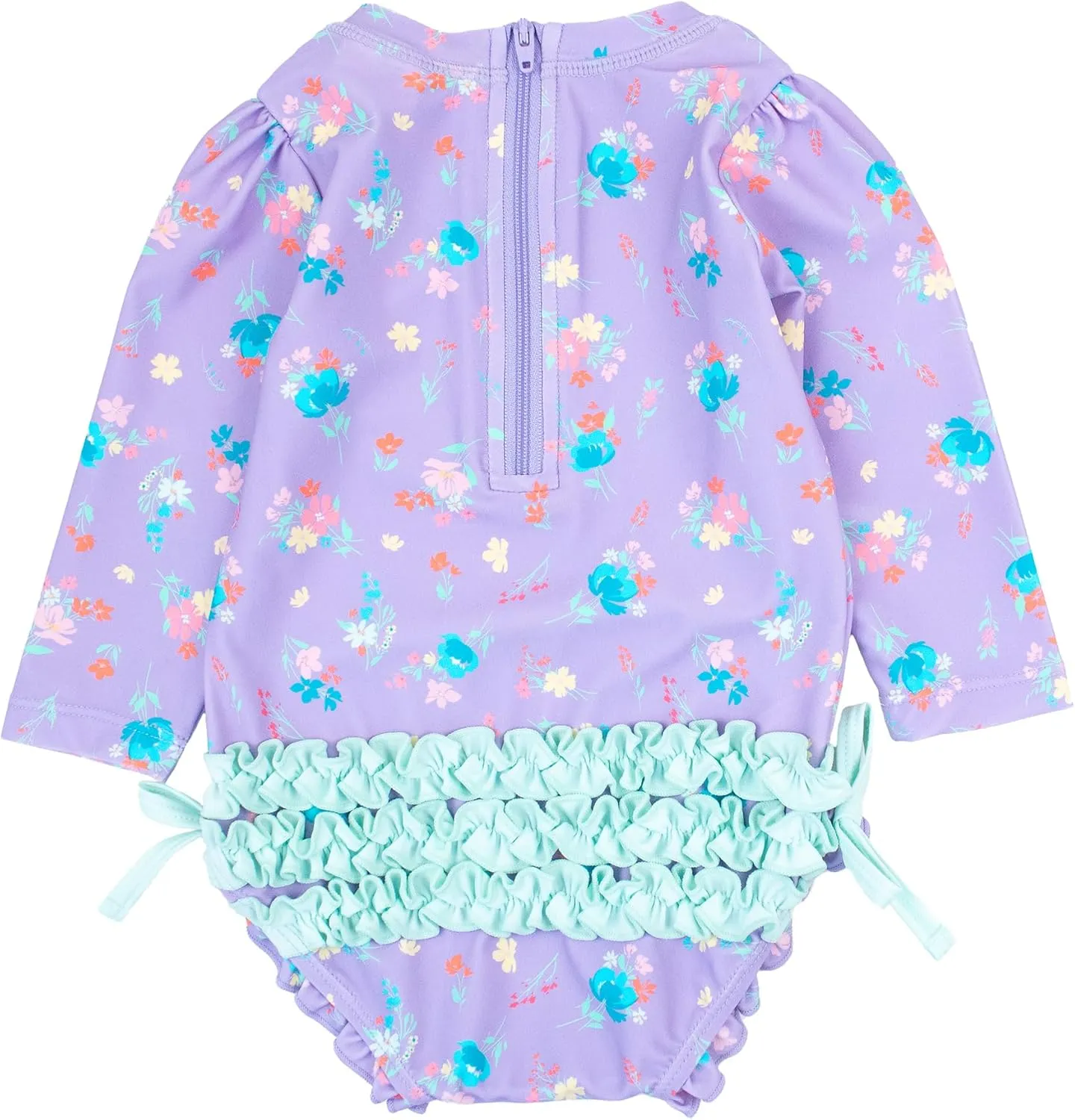 RuffleButts Baby Girls UPF 50  Sun Protection Floral Printed Long Sleeve One Piece Rash Guard Swimsuit with Zipper