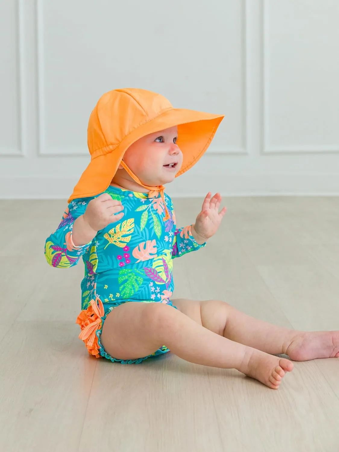 RuffleButts Baby Girls UPF 50  Sun Protection Floral Printed Long Sleeve One Piece Rash Guard Swimsuit with Zipper