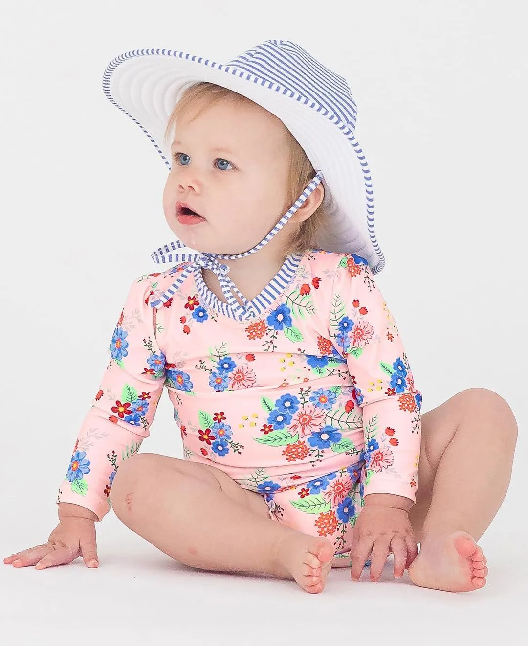 RuffleButts Baby Girls UPF 50  Sun Protection Floral Printed Long Sleeve One Piece Rash Guard Swimsuit with Zipper