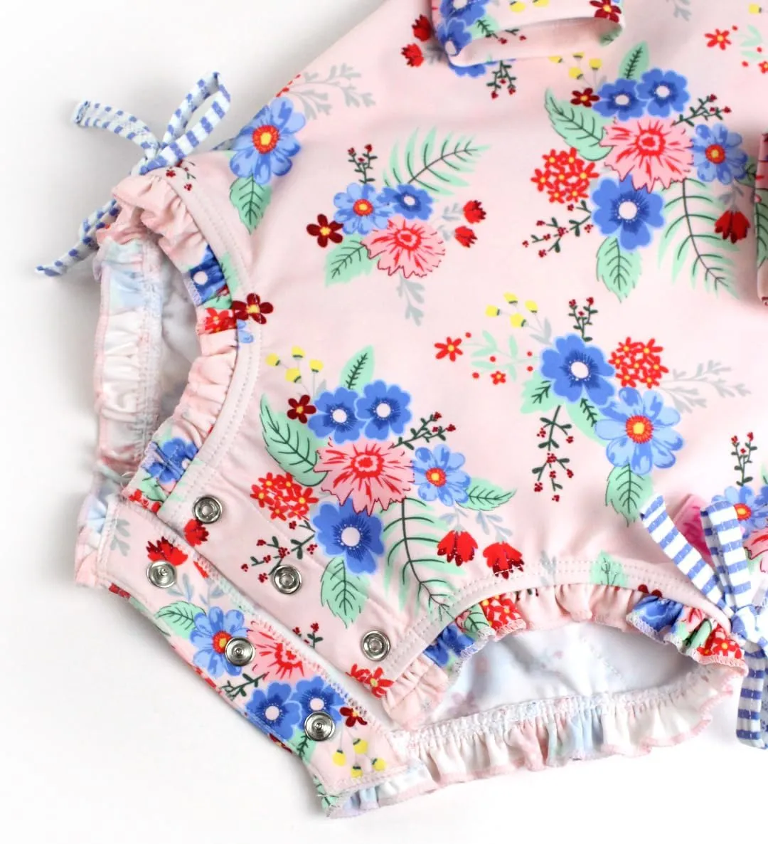RuffleButts Baby Girls UPF 50  Sun Protection Floral Printed Long Sleeve One Piece Rash Guard Swimsuit with Zipper