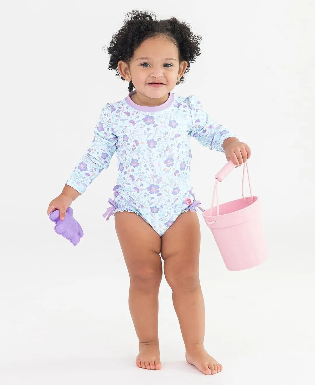 RuffleButts Baby Girls UPF 50  Sun Protection Floral Printed Long Sleeve One Piece Rash Guard Swimsuit with Zipper