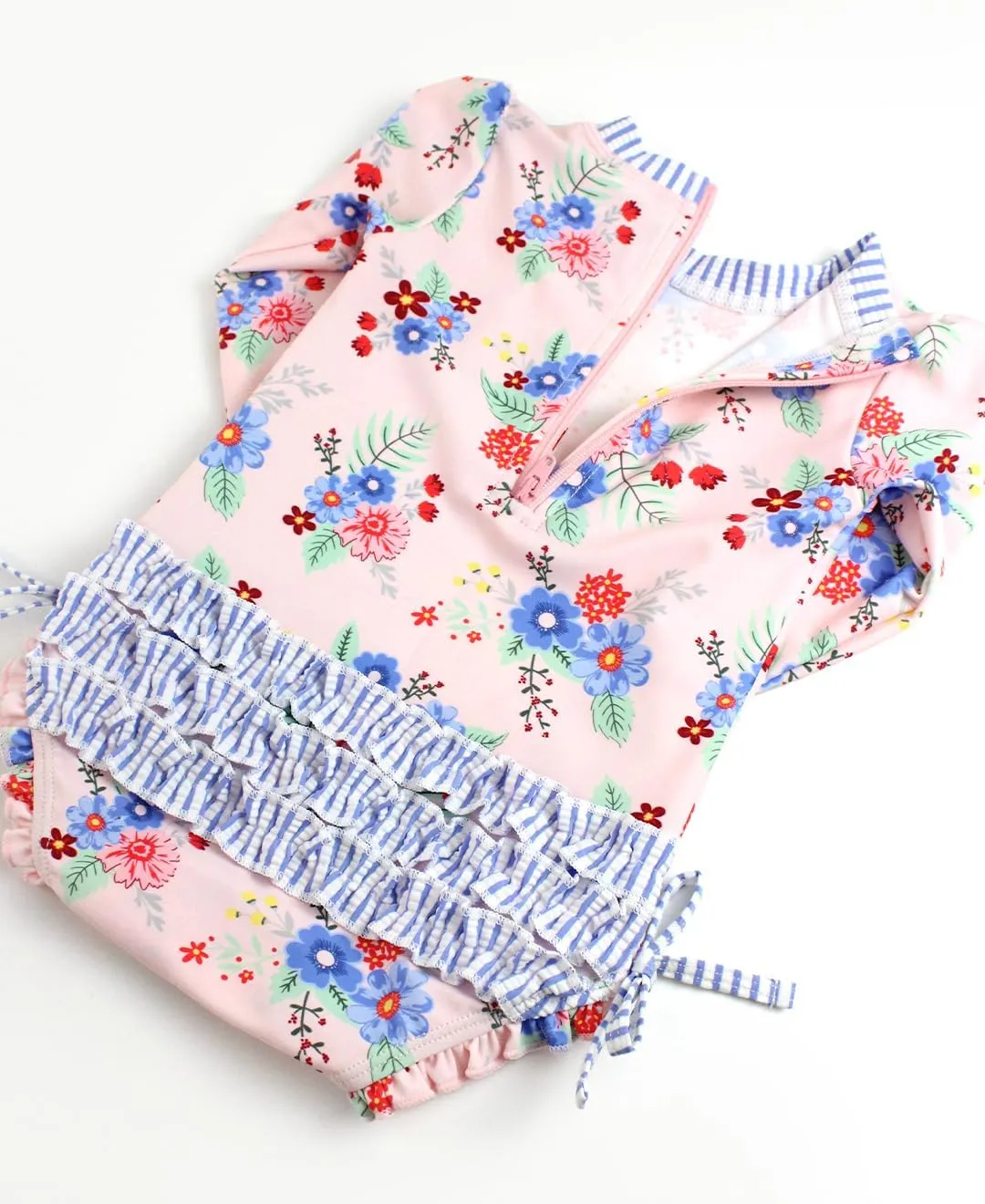 RuffleButts Baby Girls UPF 50  Sun Protection Floral Printed Long Sleeve One Piece Rash Guard Swimsuit with Zipper