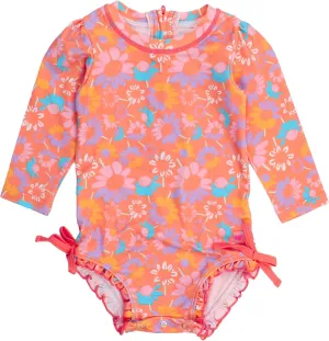 RuffleButts Baby Girls UPF 50  Sun Protection Floral Printed Long Sleeve One Piece Rash Guard Swimsuit with Zipper