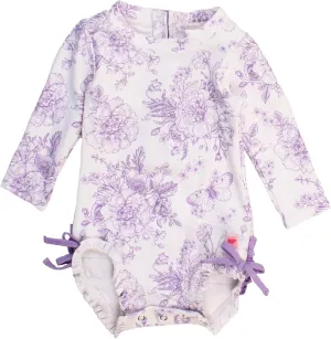 RuffleButts Baby Girls UPF 50  Sun Protection Floral Printed Long Sleeve One Piece Rash Guard Swimsuit with Zipper