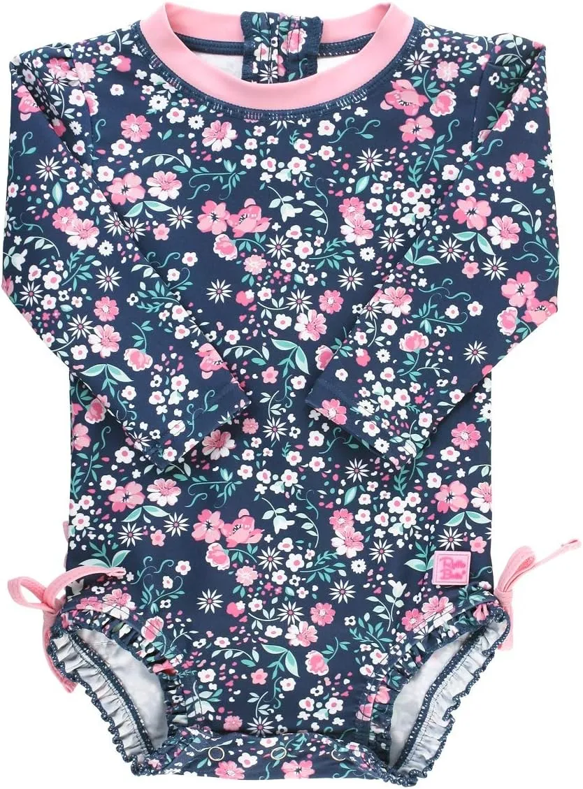 RuffleButts Baby Girls UPF 50  Sun Protection Floral Printed Long Sleeve One Piece Rash Guard Swimsuit with Zipper