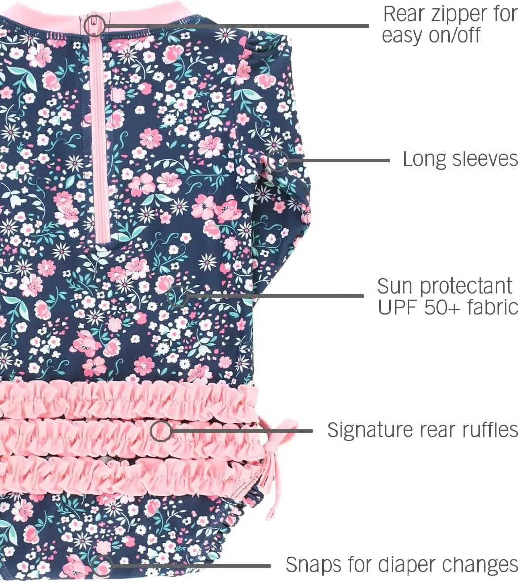 RuffleButts Baby Girls UPF 50  Sun Protection Floral Printed Long Sleeve One Piece Rash Guard Swimsuit with Zipper