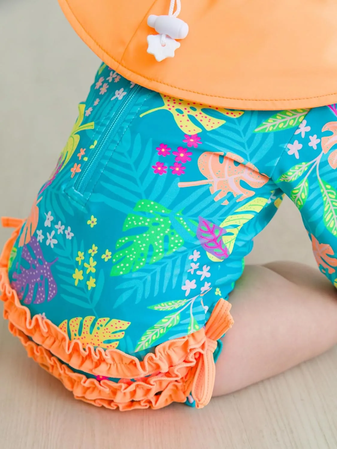 RuffleButts Baby Girls UPF 50  Sun Protection Floral Printed Long Sleeve One Piece Rash Guard Swimsuit with Zipper