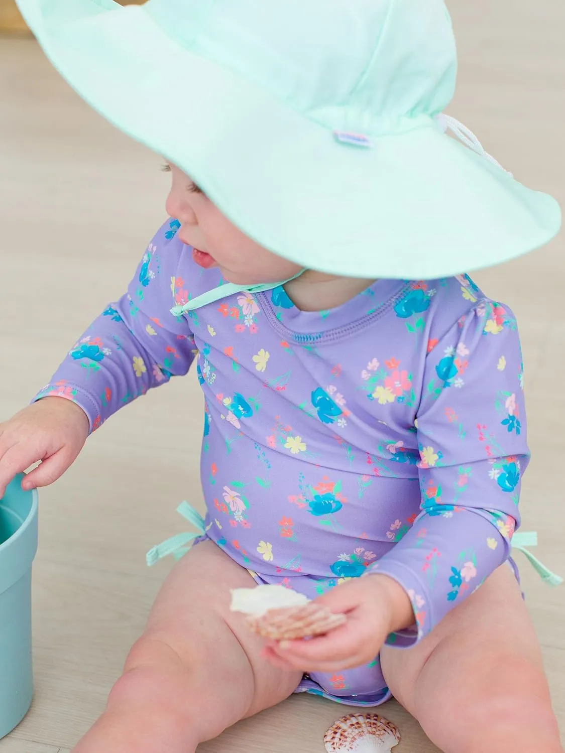 RuffleButts Baby Girls UPF 50  Sun Protection Floral Printed Long Sleeve One Piece Rash Guard Swimsuit with Zipper