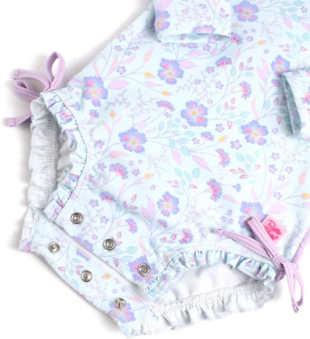 RuffleButts Baby Girls UPF 50  Sun Protection Floral Printed Long Sleeve One Piece Rash Guard Swimsuit with Zipper