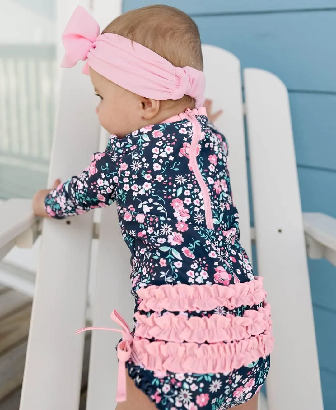 RuffleButts Baby Girls UPF 50  Sun Protection Floral Printed Long Sleeve One Piece Rash Guard Swimsuit with Zipper