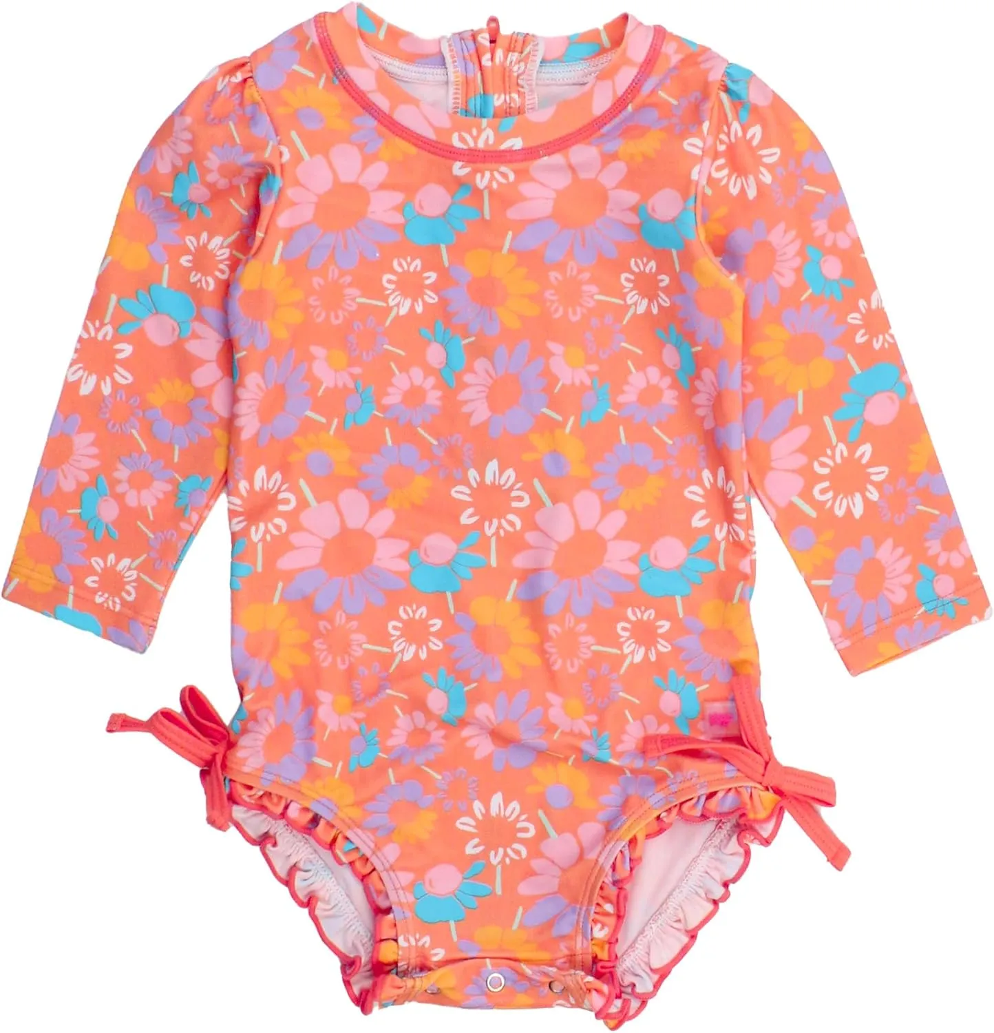 RuffleButts Baby Girls UPF 50  Sun Protection Floral Printed Long Sleeve One Piece Rash Guard Swimsuit with Zipper