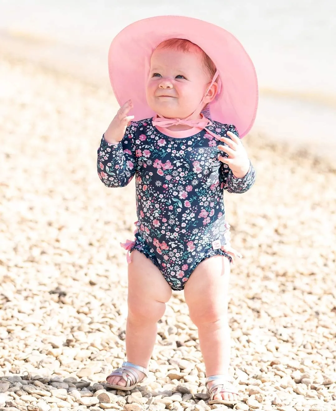 RuffleButts Baby Girls UPF 50  Sun Protection Floral Printed Long Sleeve One Piece Rash Guard Swimsuit with Zipper