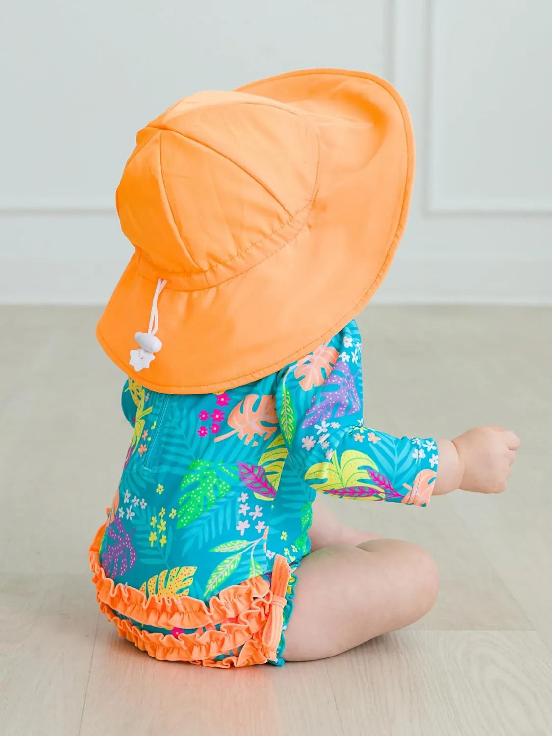 RuffleButts Baby Girls UPF 50  Sun Protection Floral Printed Long Sleeve One Piece Rash Guard Swimsuit with Zipper