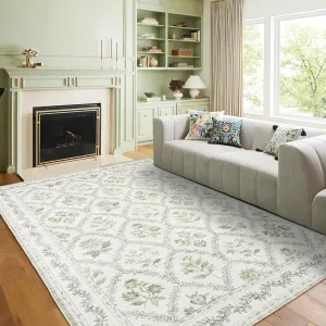 Sage Green Boho Area Rugs 5x7 for Living Room Machine Washable Light Green and Cream Beige Rugs Botanical Floral Printed Soft Distressed Farmhouse Carpet for Dining Room Bedroom Office Home
