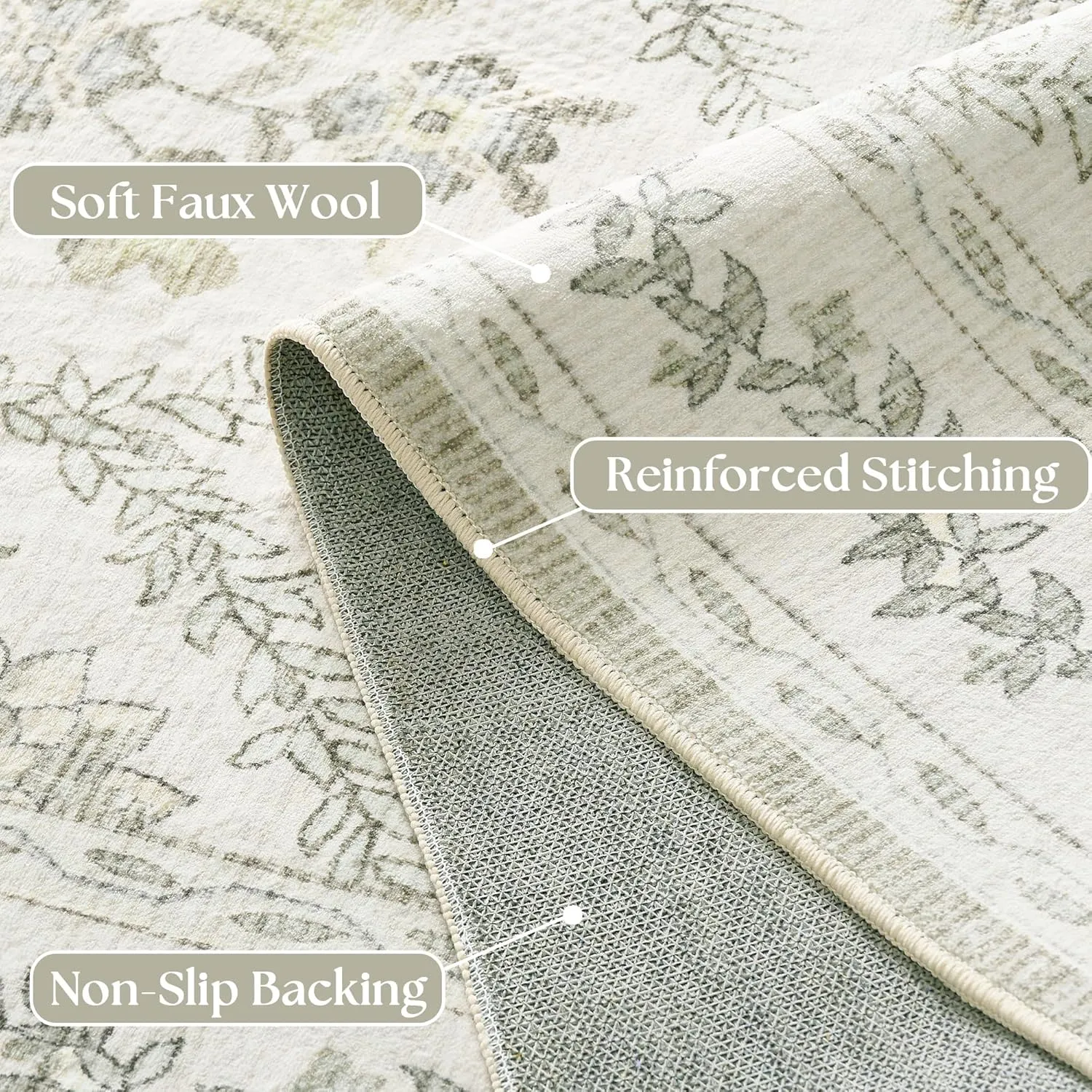 Sage Green Boho Area Rugs 5x7 for Living Room Machine Washable Light Green and Cream Beige Rugs Botanical Floral Printed Soft Distressed Farmhouse Carpet for Dining Room Bedroom Office Home