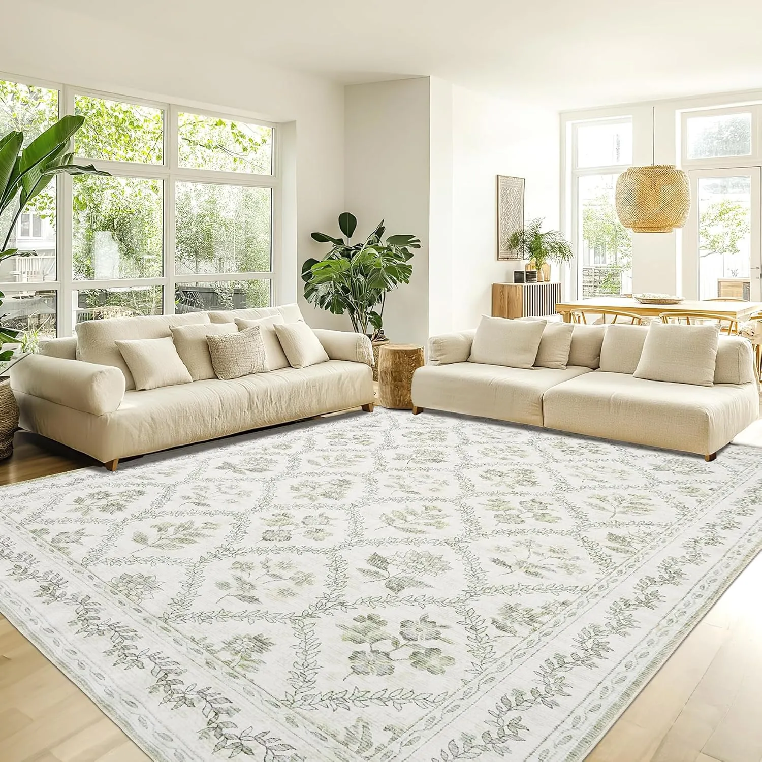 Sage Green Boho Area Rugs 5x7 for Living Room Machine Washable Light Green and Cream Beige Rugs Botanical Floral Printed Soft Distressed Farmhouse Carpet for Dining Room Bedroom Office Home