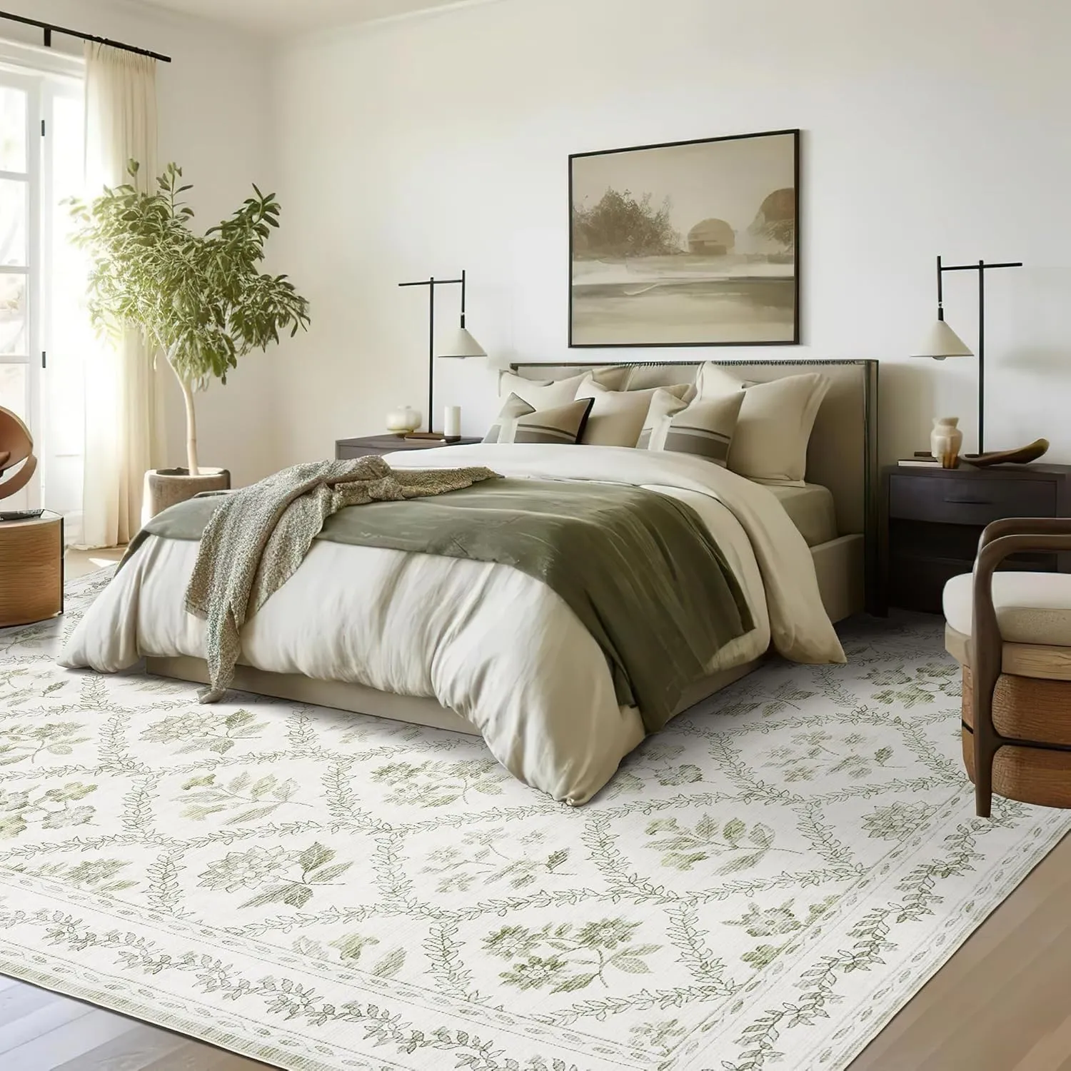 Sage Green Boho Area Rugs 5x7 for Living Room Machine Washable Light Green and Cream Beige Rugs Botanical Floral Printed Soft Distressed Farmhouse Carpet for Dining Room Bedroom Office Home