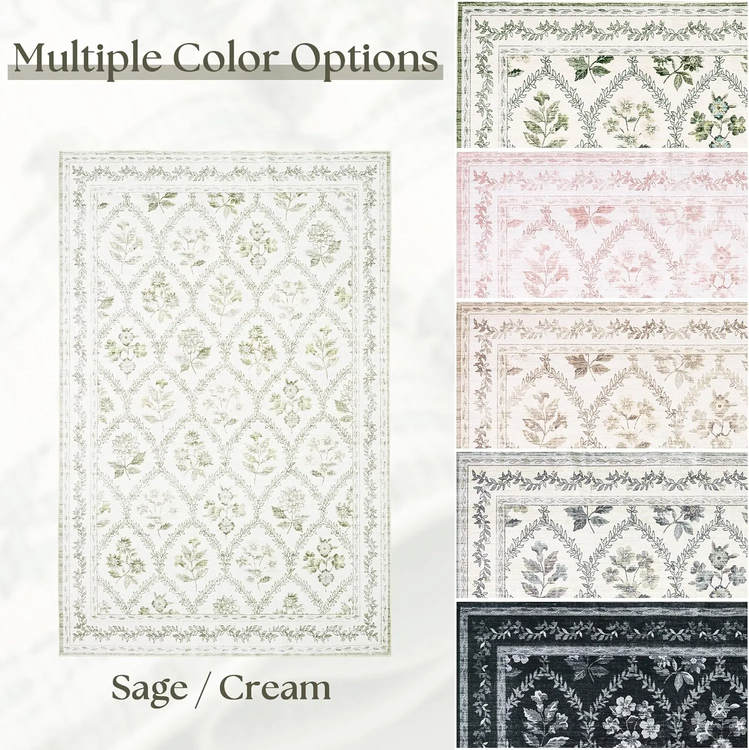 Sage Green Boho Area Rugs 5x7 for Living Room Machine Washable Light Green and Cream Beige Rugs Botanical Floral Printed Soft Distressed Farmhouse Carpet for Dining Room Bedroom Office Home