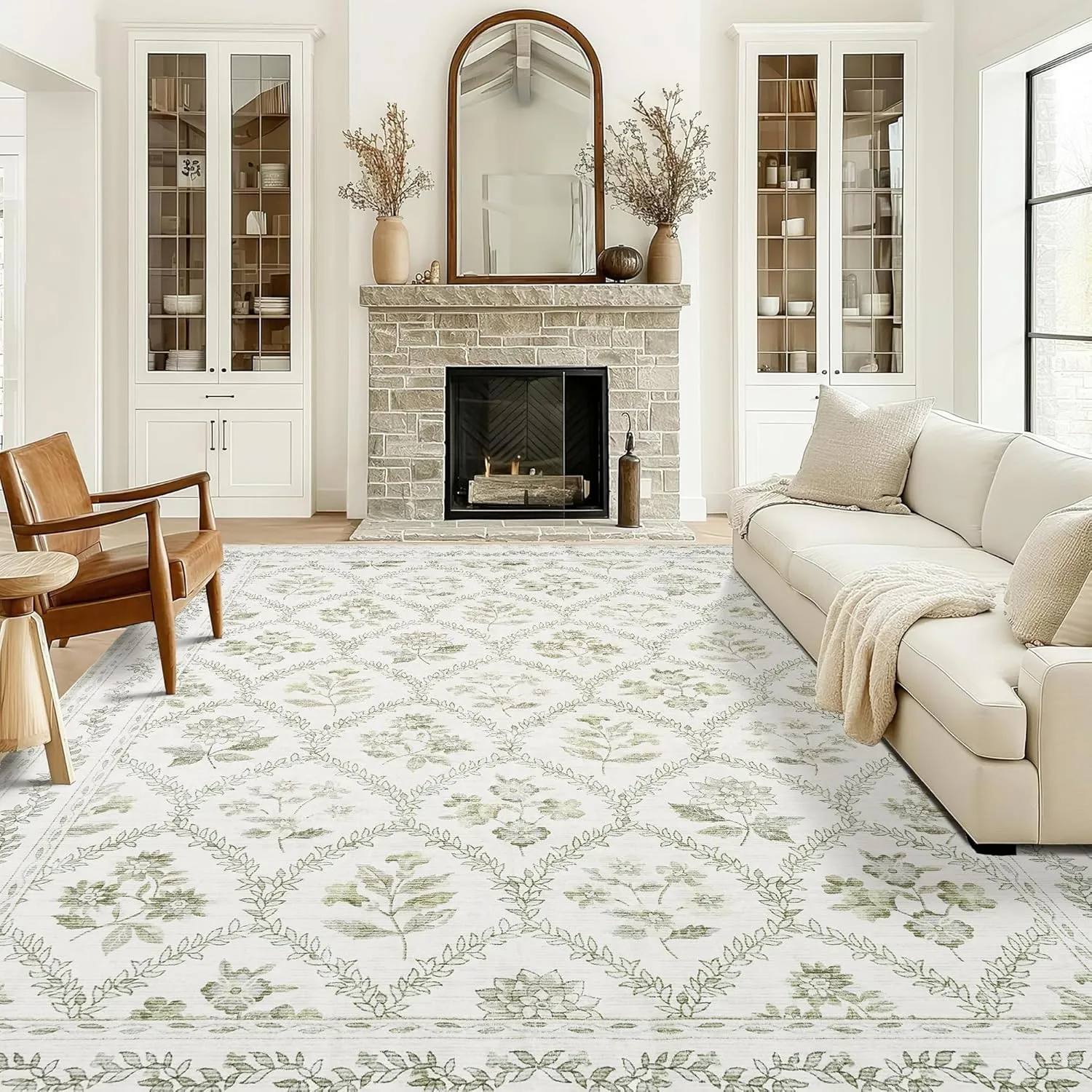 Sage Green Boho Area Rugs 5x7 for Living Room Machine Washable Light Green and Cream Beige Rugs Botanical Floral Printed Soft Distressed Farmhouse Carpet for Dining Room Bedroom Office Home