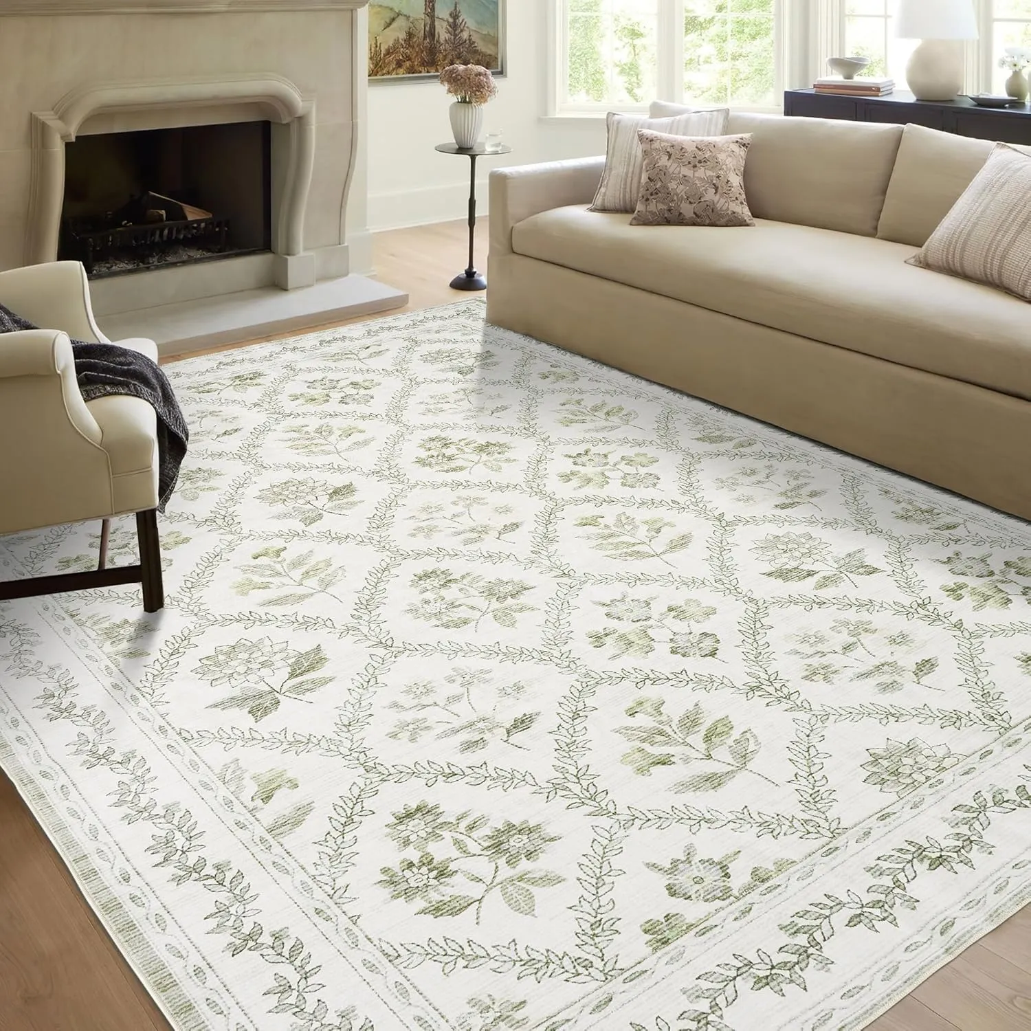 Sage Green Boho Area Rugs 5x7 for Living Room Machine Washable Light Green and Cream Beige Rugs Botanical Floral Printed Soft Distressed Farmhouse Carpet for Dining Room Bedroom Office Home