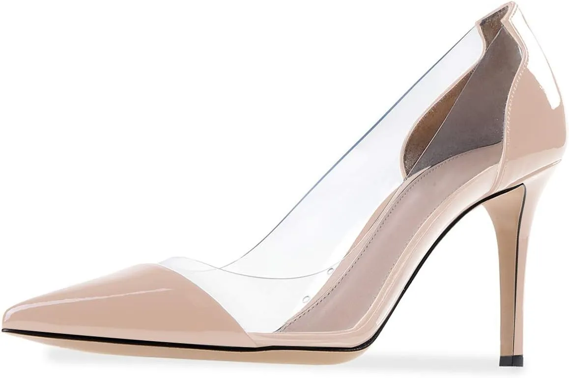 SAMMITOP Women's 80mm Pointed Toe Transparent Pumps Clear PVC High Heels Dress Shoes