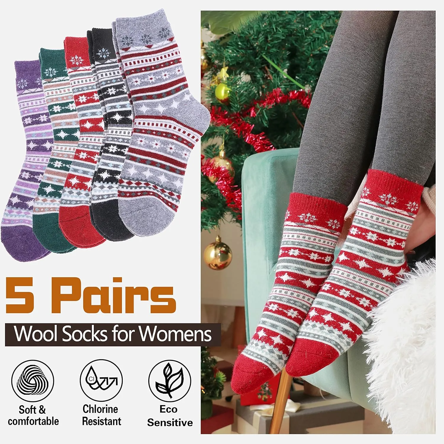 Sandsuced 5 Pack Merino Wool Hiking Socks for Women Warm Winter Thick Thermal Cozy Boot Work Soft Ladies Socks