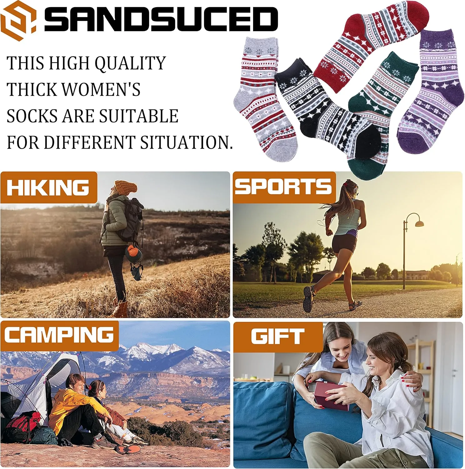 Sandsuced 5 Pack Merino Wool Hiking Socks for Women Warm Winter Thick Thermal Cozy Boot Work Soft Ladies Socks
