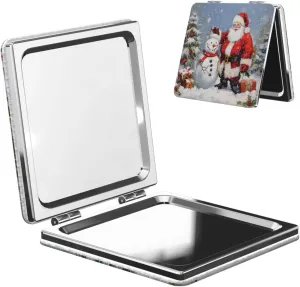 Santa Claus and Snowman Printed Square Pocket Makeup Mirror with 1X/2X Magnification, Portable Mini Travel Makeup Mirror for Travel Daily Work Beauty