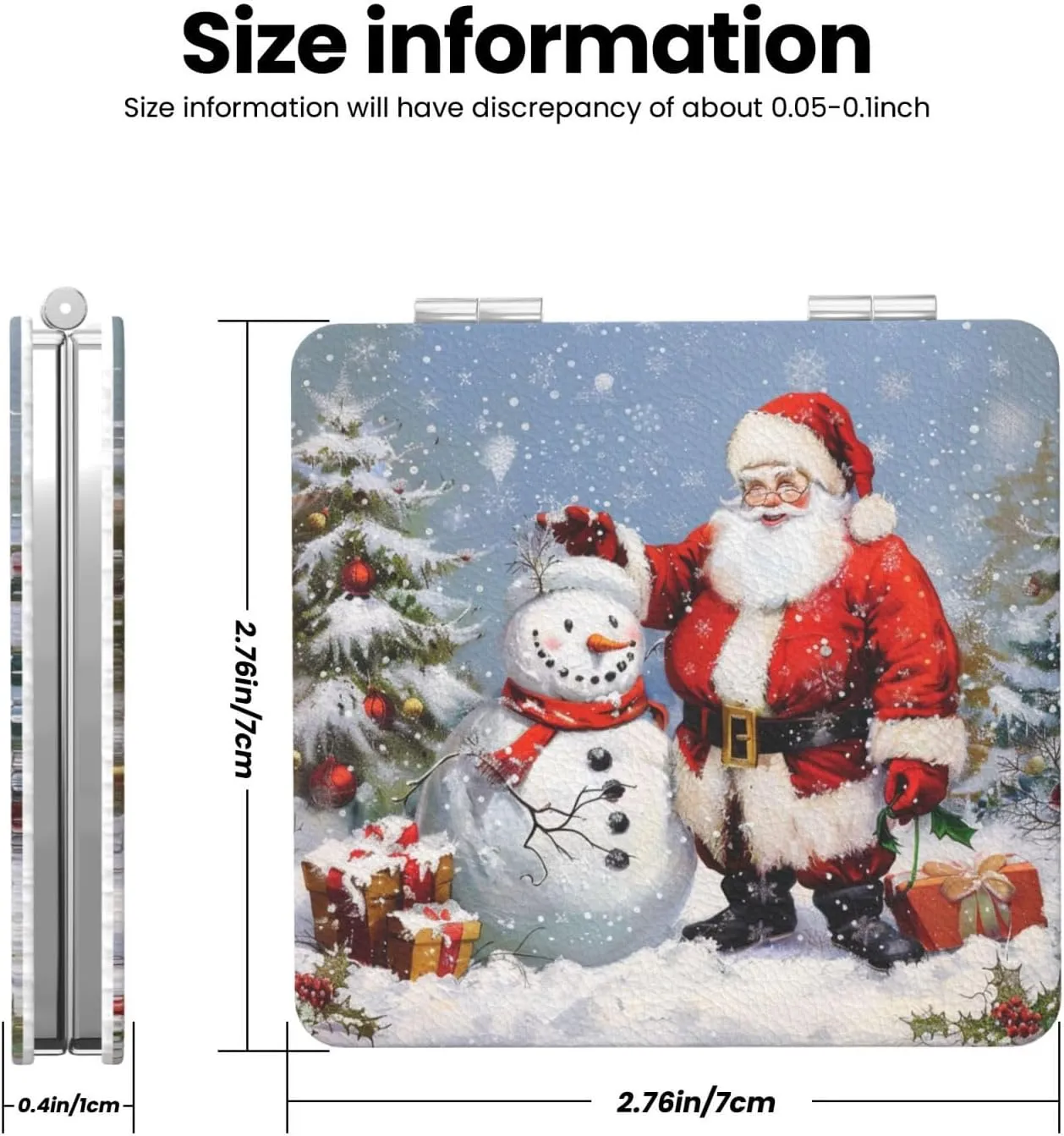 Santa Claus and Snowman Printed Square Pocket Makeup Mirror with 1X/2X Magnification, Portable Mini Travel Makeup Mirror for Travel Daily Work Beauty