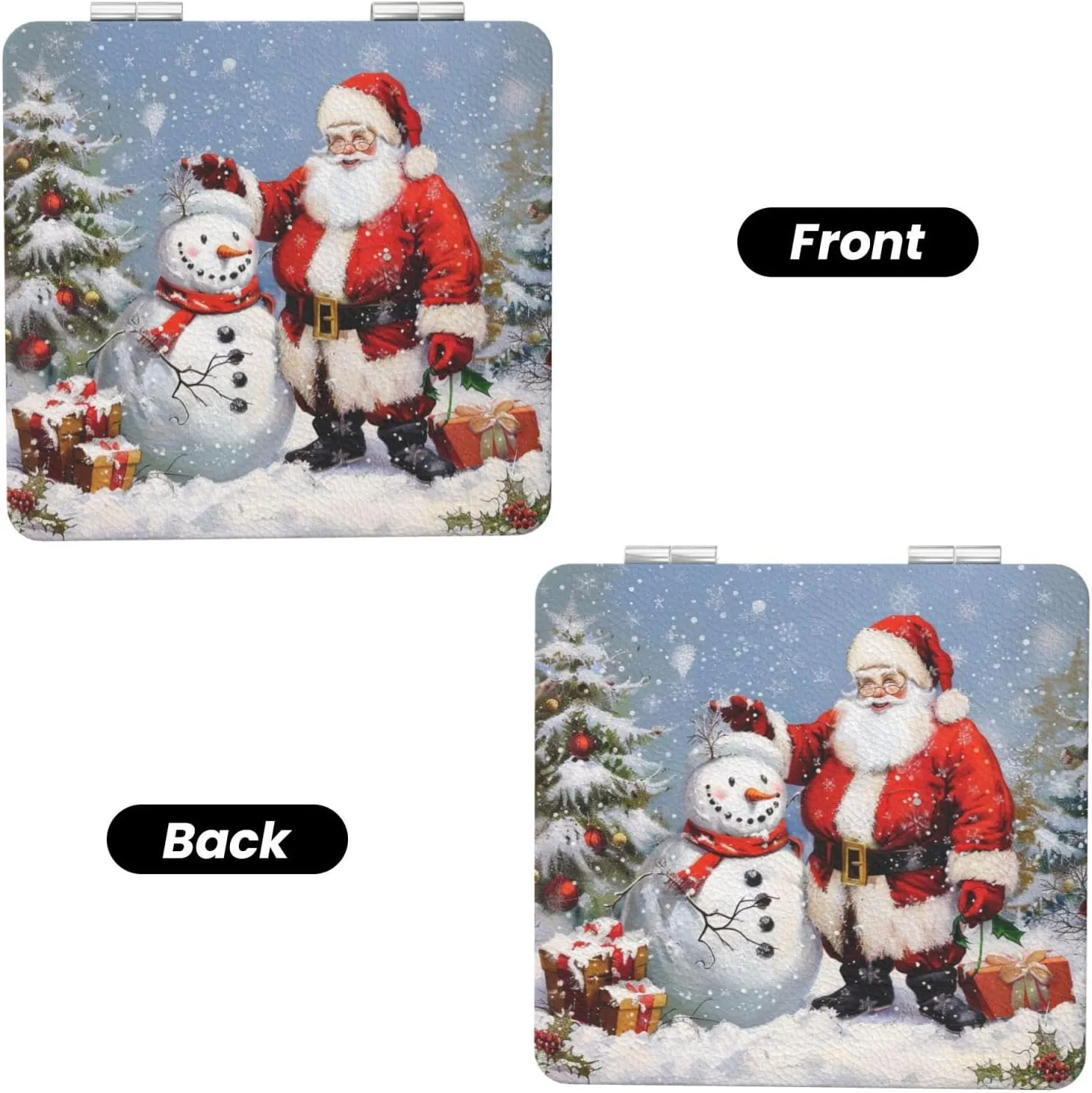 Santa Claus and Snowman Printed Square Pocket Makeup Mirror with 1X/2X Magnification, Portable Mini Travel Makeup Mirror for Travel Daily Work Beauty