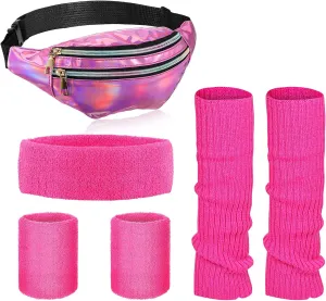 SATINIOR 80s Women Workout Outfit Neon Leg Warmer Headband Wristbands Fanny Pack Set 80s Accessories for Yoga Running