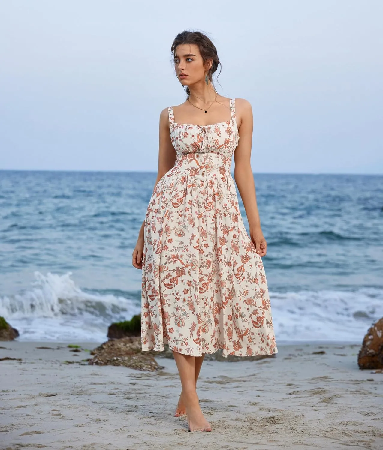 Scarlet Darkness Floral Printed Corset Dress Ruched Bust Cami Dress Flowy Sundress