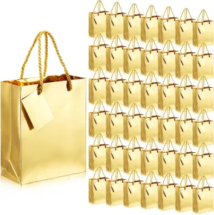 Seajan 50 Pack Metallic Gold Gift Bags with Tags Gold Foil Favor Glossy Finish Waterproof Bags with Handles for Birthday Party Anniversary Wedding Baby Shower