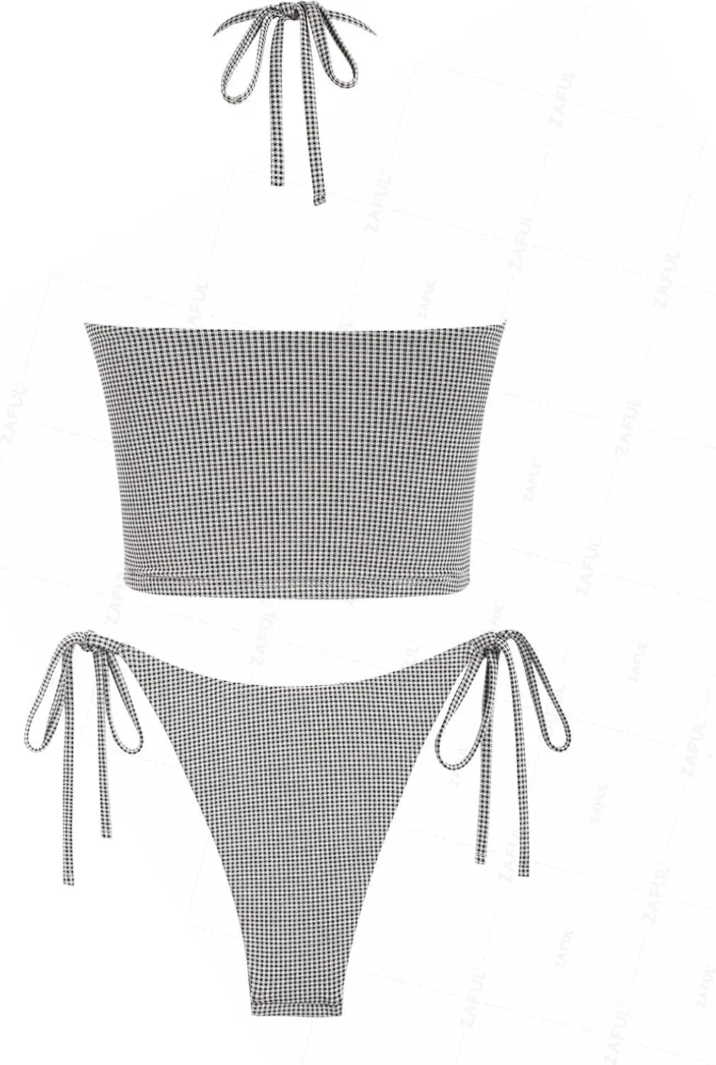 seamoly Red Gingham Floral Printed Halter Tie Side Chic Tankini Set