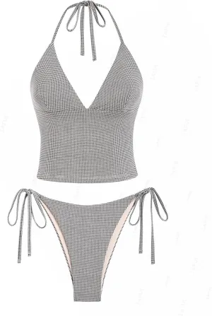 seamoly Red Gingham Floral Printed Halter Tie Side Chic Tankini Set